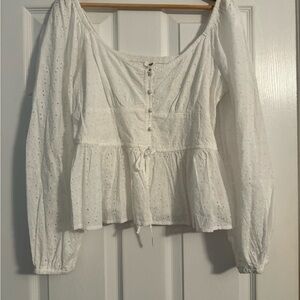 Aerie White Eyelet Long-Sleeve Peplum Top